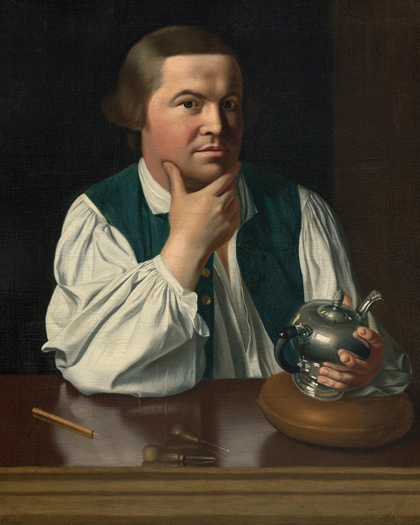 Portrait of Paul Revere with his elbow on a table and hand holding up chin, next to a silver item.