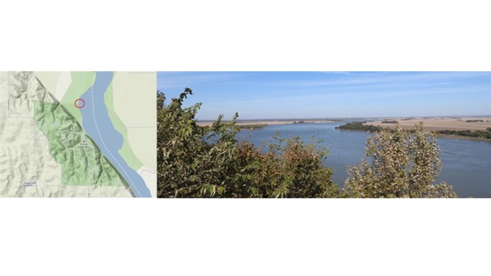 Aerial map of the canoe/kayak landing. Missouri River bends  right with trees in the left corner. 