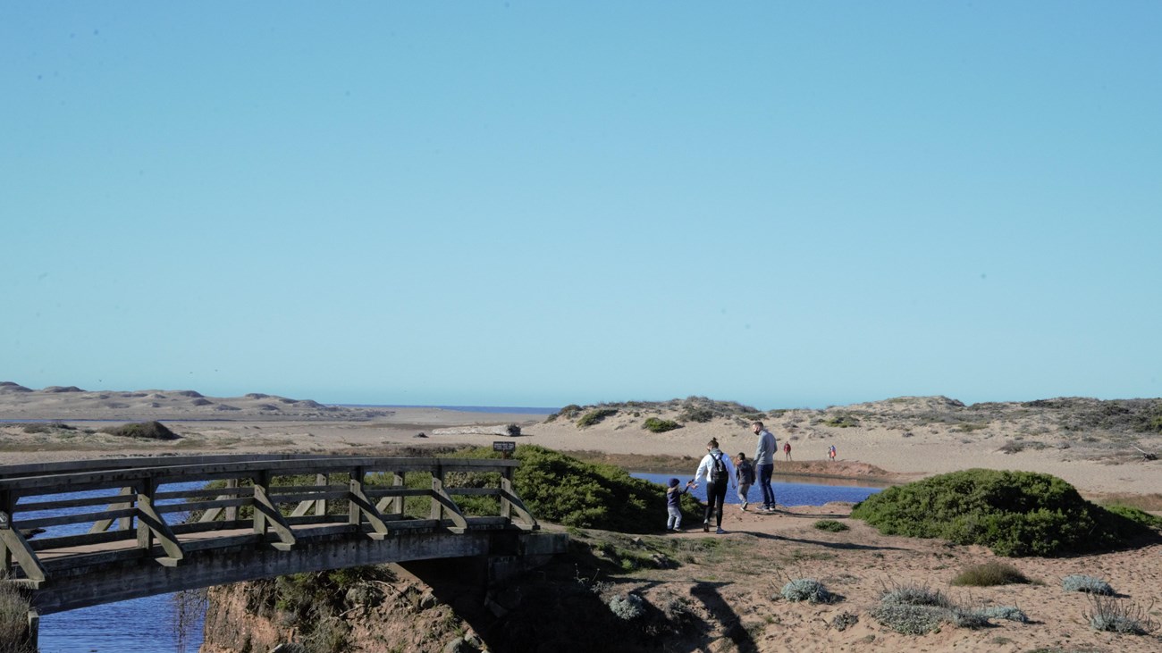 A family of four next to a small footbridge that leads to a sand dune-bordered coastal lagoon.