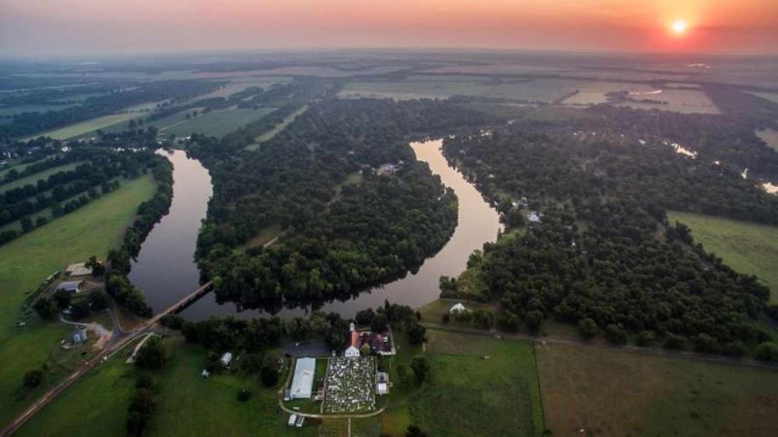 Overhead view of a bend of Cane River