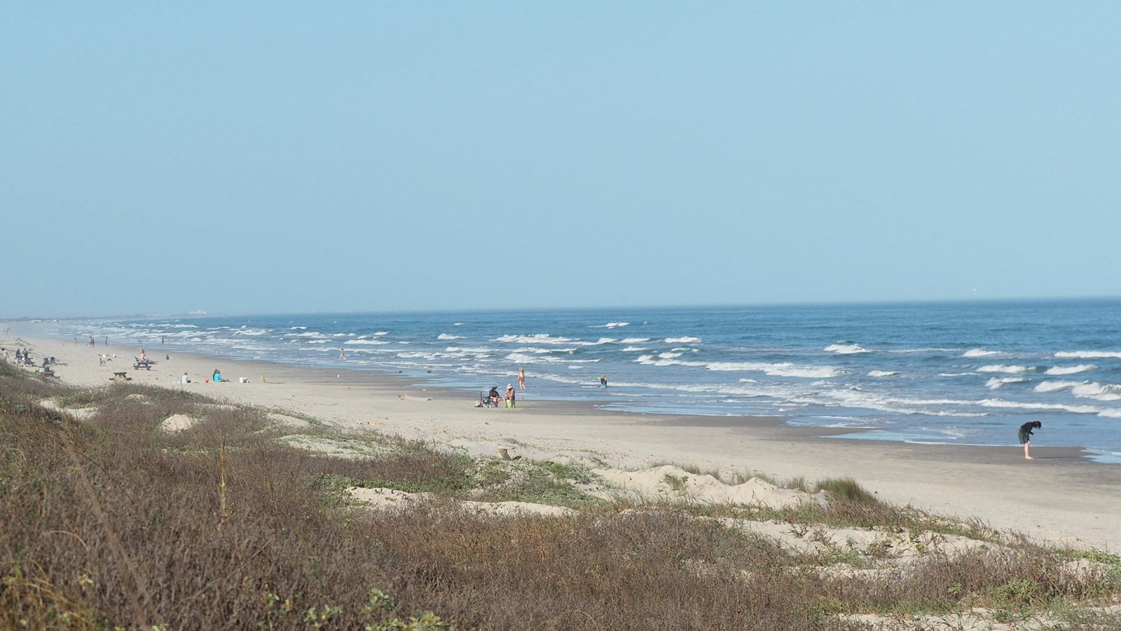 Several people play and walk along the beach.