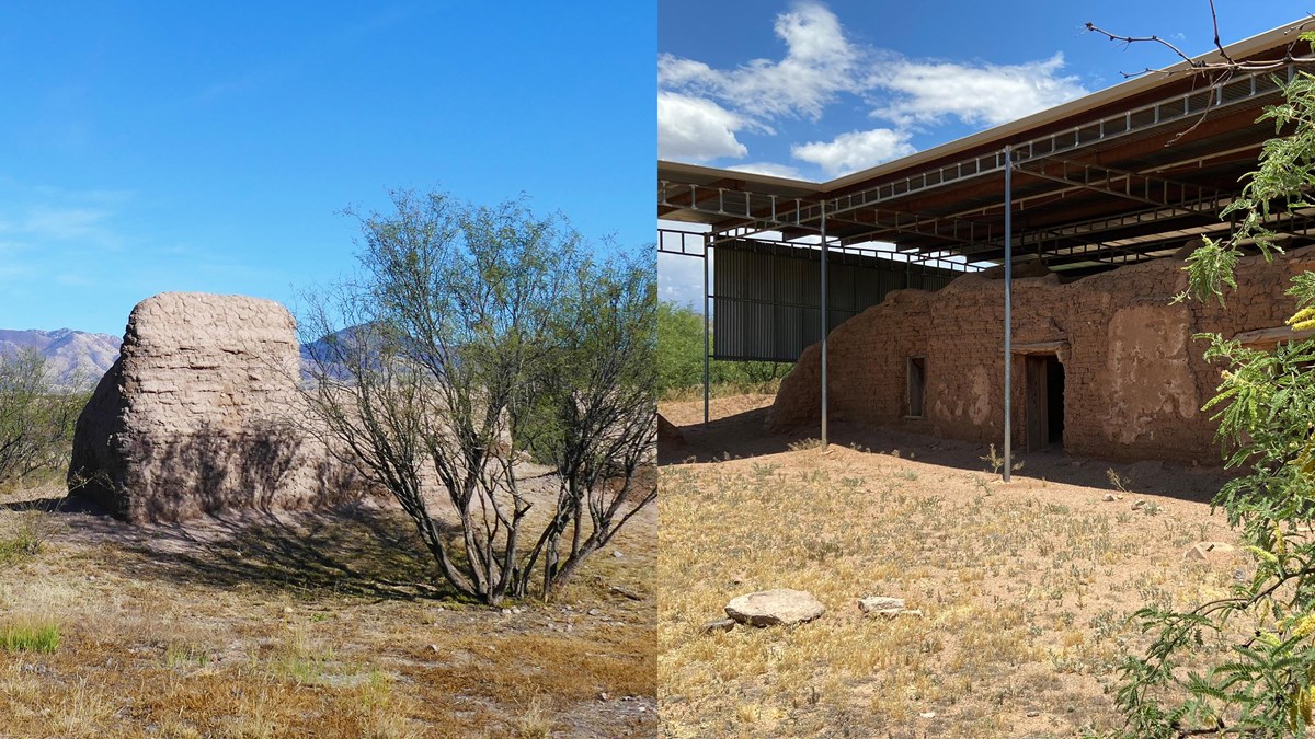 side-by-side images of adobe ruined walls