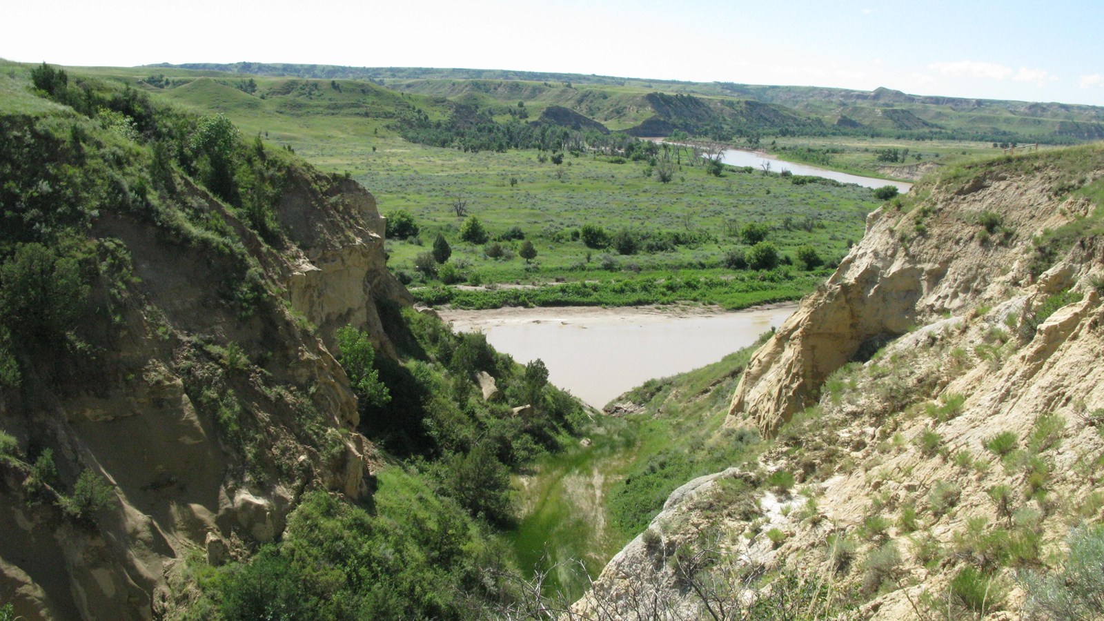 A view down Wind Canyon toward the river. Green trees line a grassy trail at the bottom.