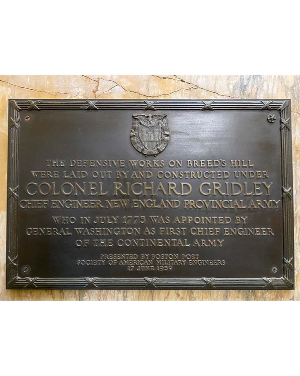 Plaque recognizing Richard Gridley's work constructing the redoubts at Bunker Hill. 