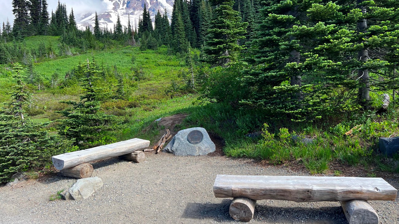 Two benches next to a small gray rock with bronze plaque in center surrounded by trees and mountain