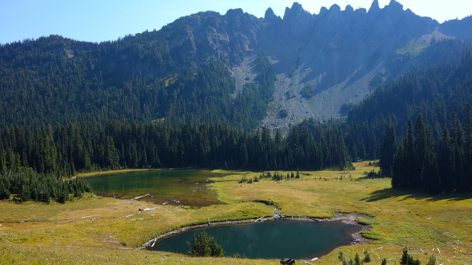 Two small subalpine lakes surrounded by meadows under a rocky ridge. 