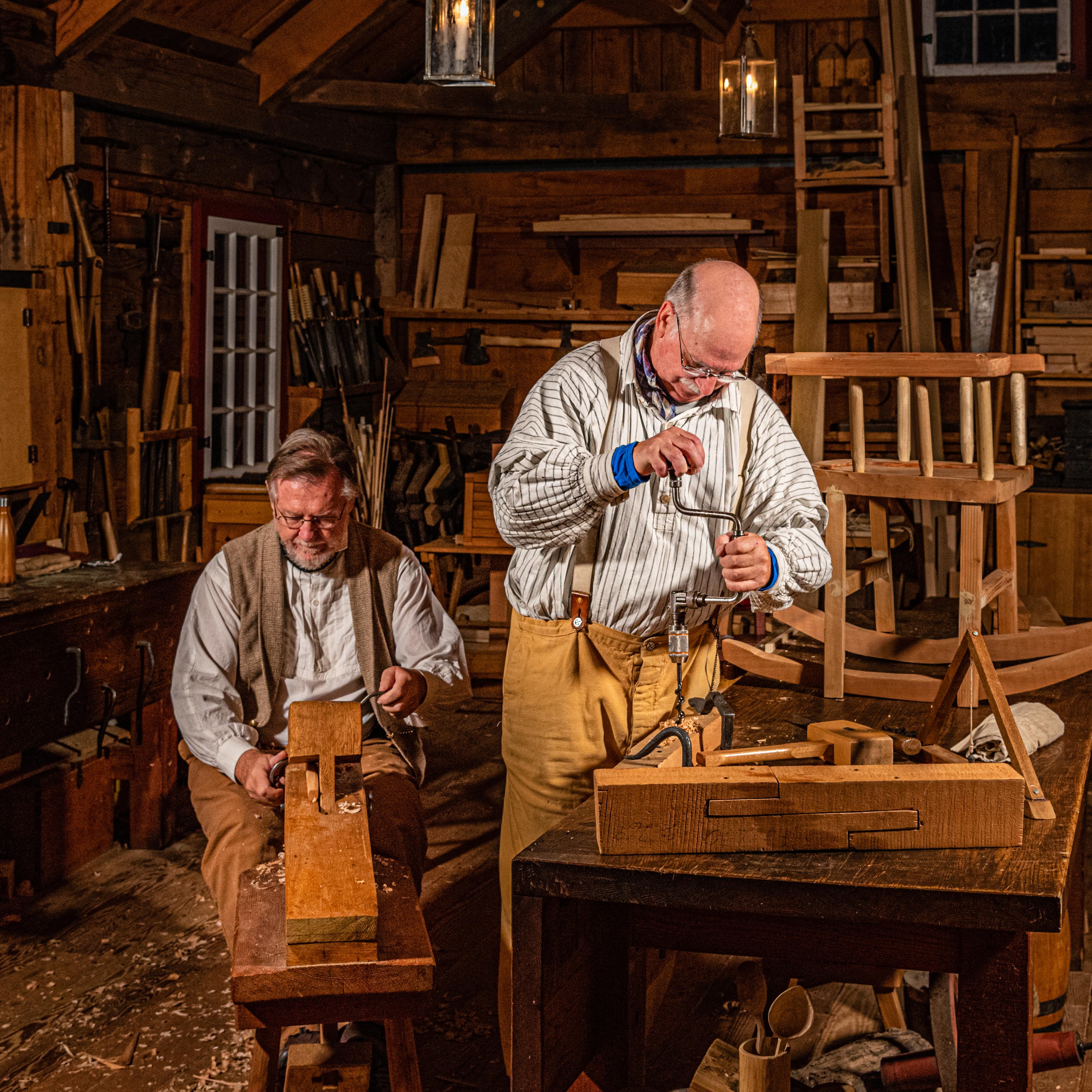 Two carpenters working in the Fort Vancouver Carpenter Shop.