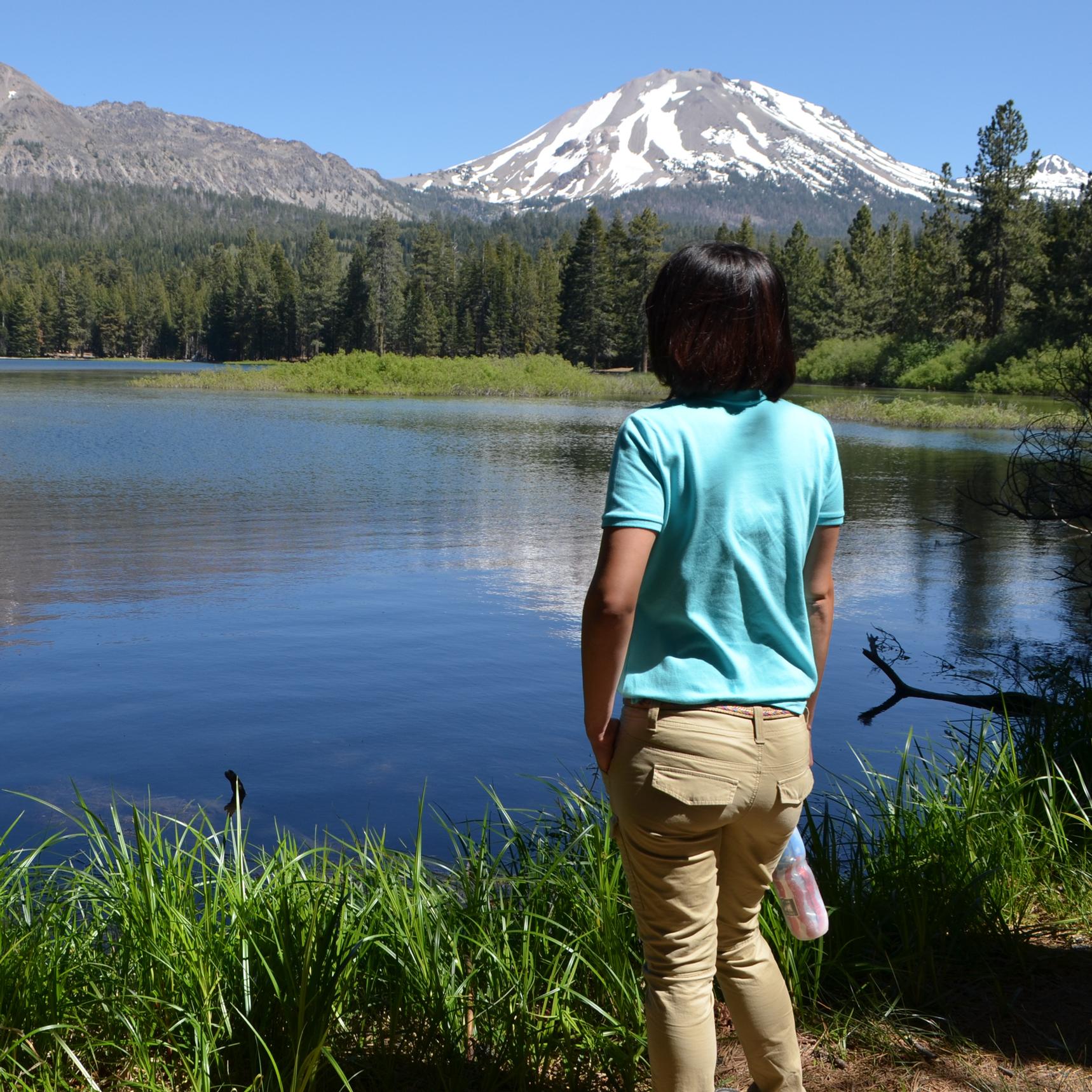 A looks out on a brush-lined lake backed by volcanic peaks.  