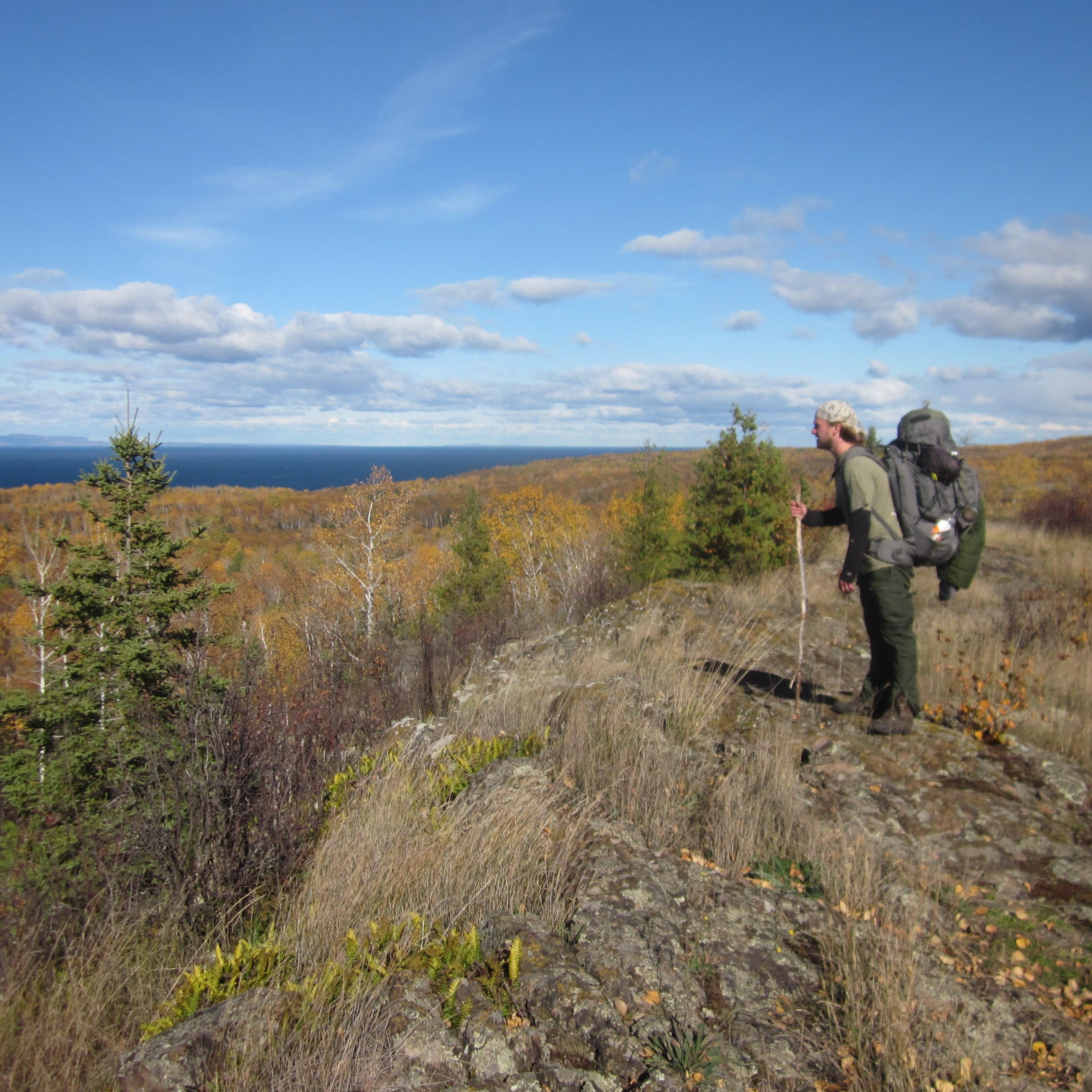 A person with a backpack and a stick stands on an exposed ridge overlooking a forest and a lake. 
