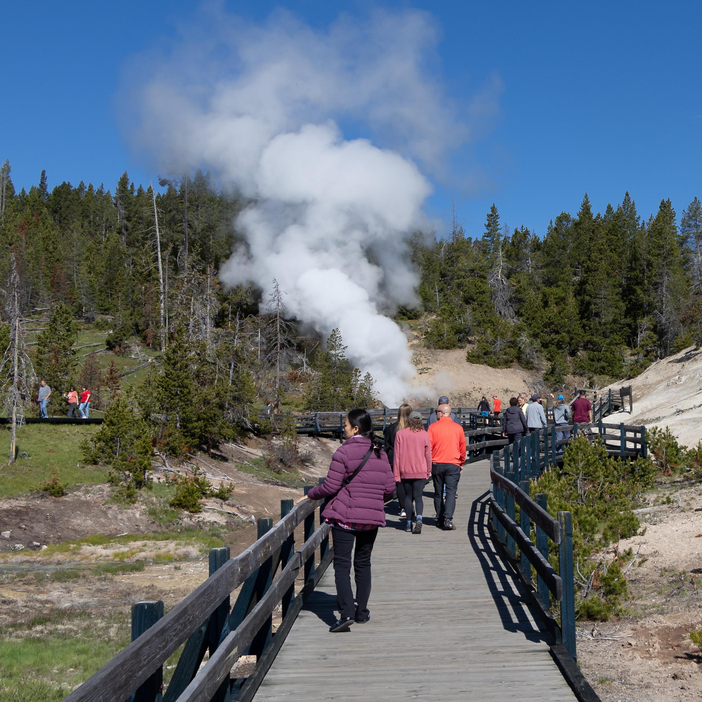 People walk down a boardwalk towards a large plume of steam.