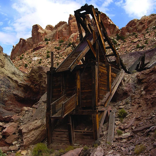 Headframe over inclined shaft at Duchess Mine, Capitol Reef National Park, Utah