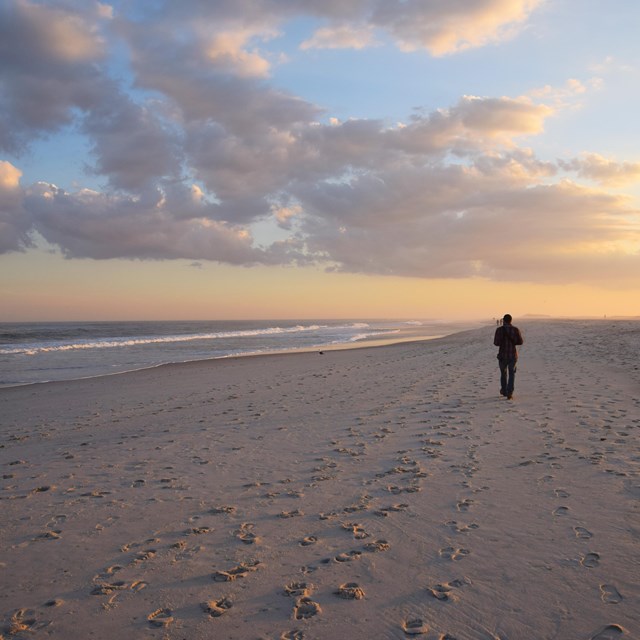 A man walks down the beach alone at sunset.