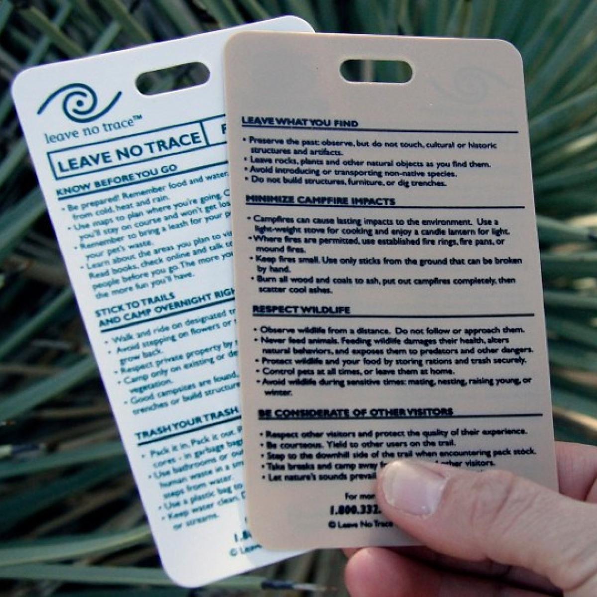 A hand holds two waterproof cards with text in front of a green background