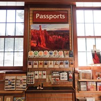 A merchandise display between two windows reads Passports with many stickers and stamps.
