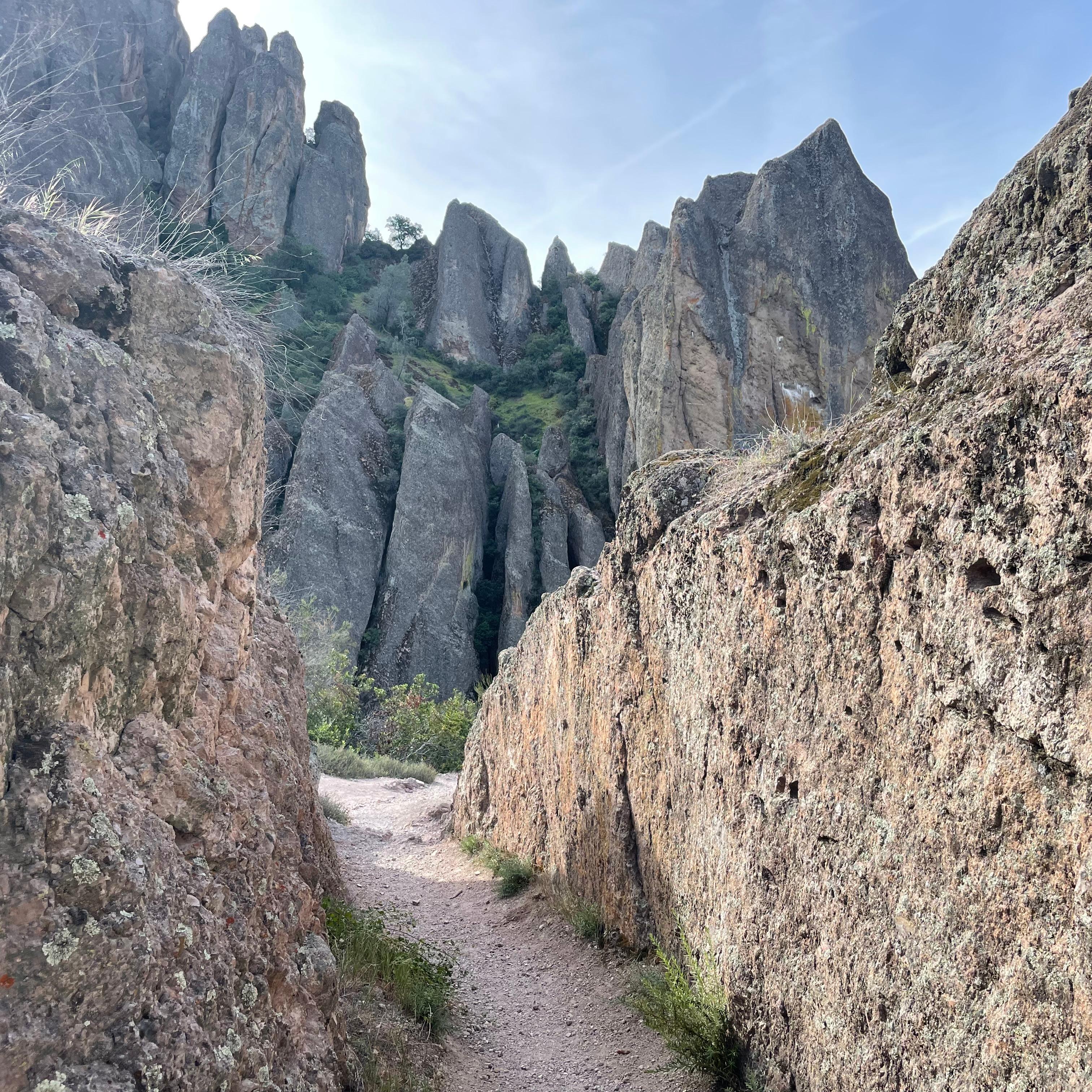 Trail passing through low rock walls with steep rock cliffs towering ahead.