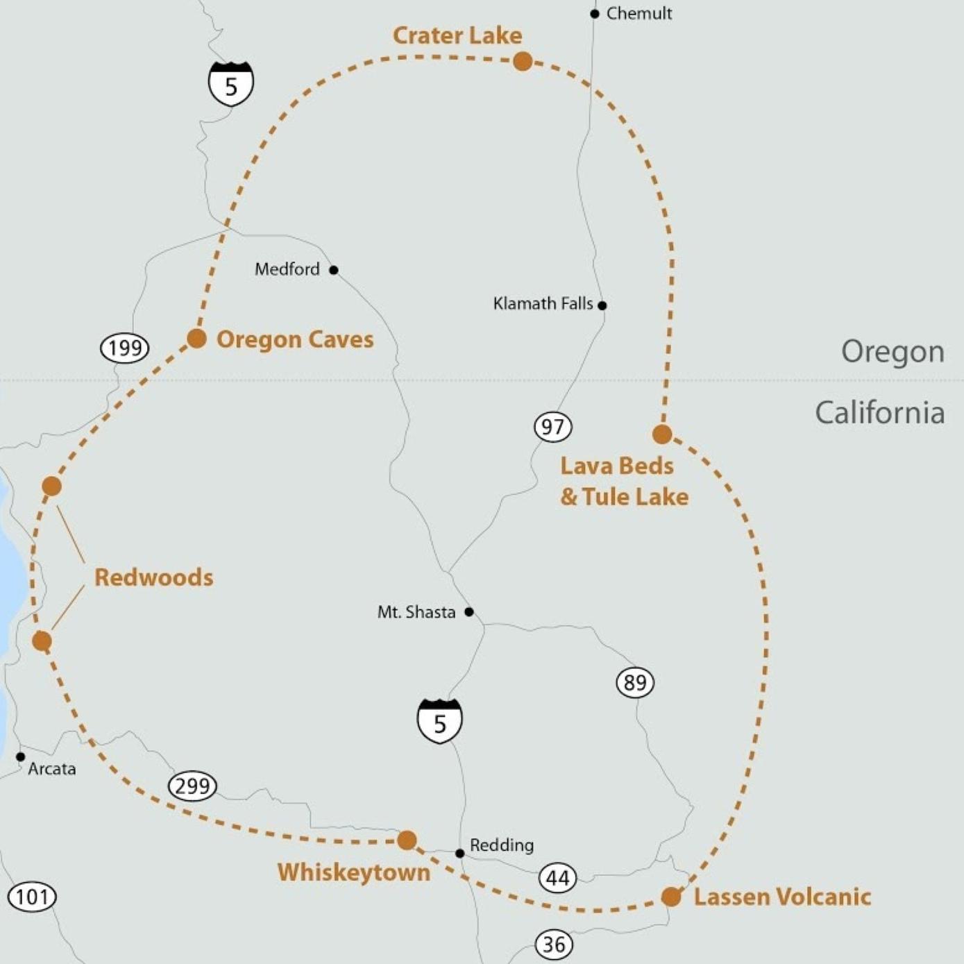 Map showing major roads, cities, and 7 national parks in northern california and southern oregon.