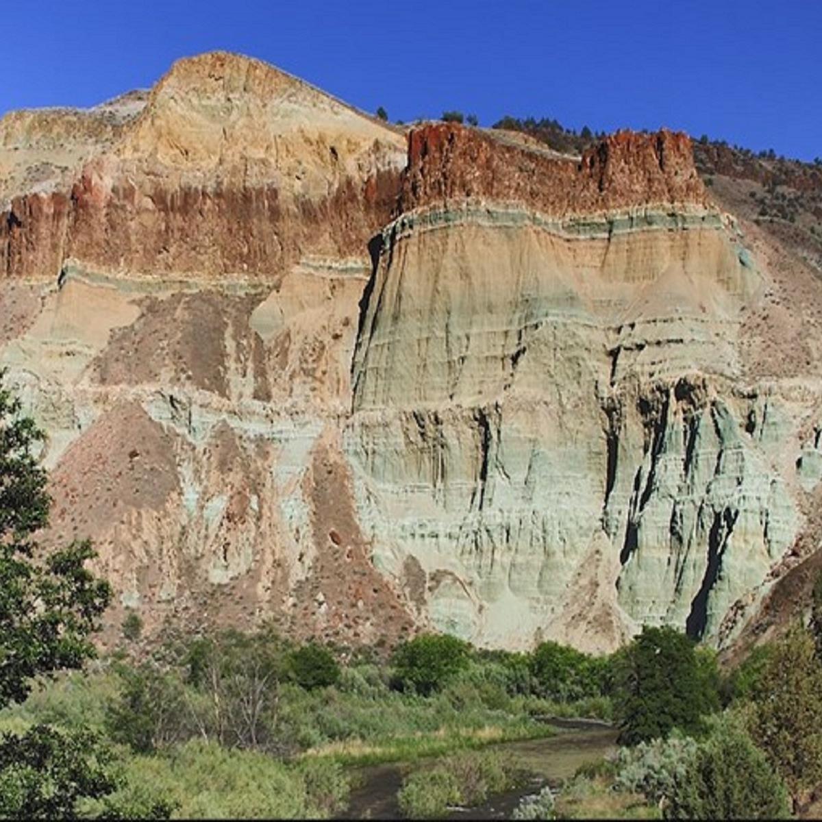 A blue-green geologic formation with green grass and a tree in the foreground.