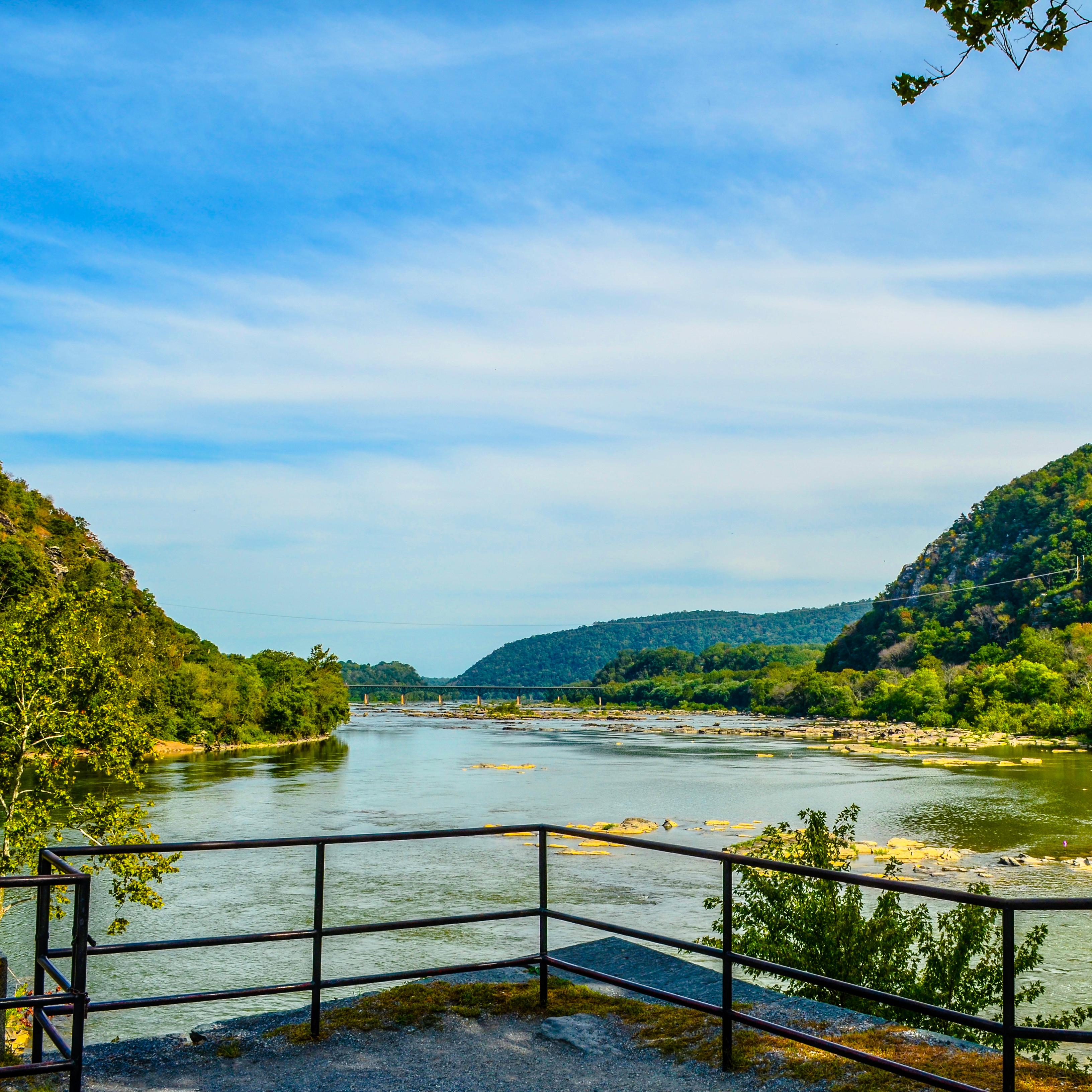 vista where two rivers converge; visible gap in the Blue Ridge Mountain range