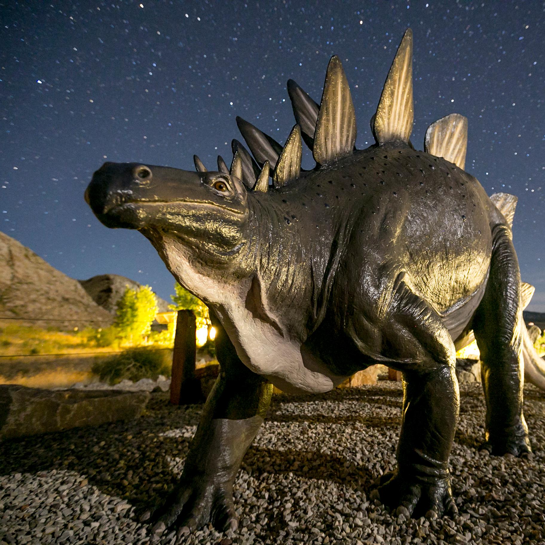 Sculpture of a large dinosaur against a starry night sky
