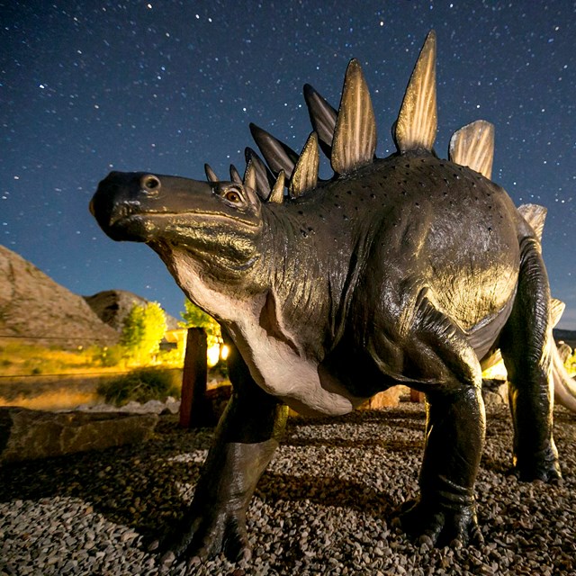 Sculpture of a large dinosaur against a starry night sky