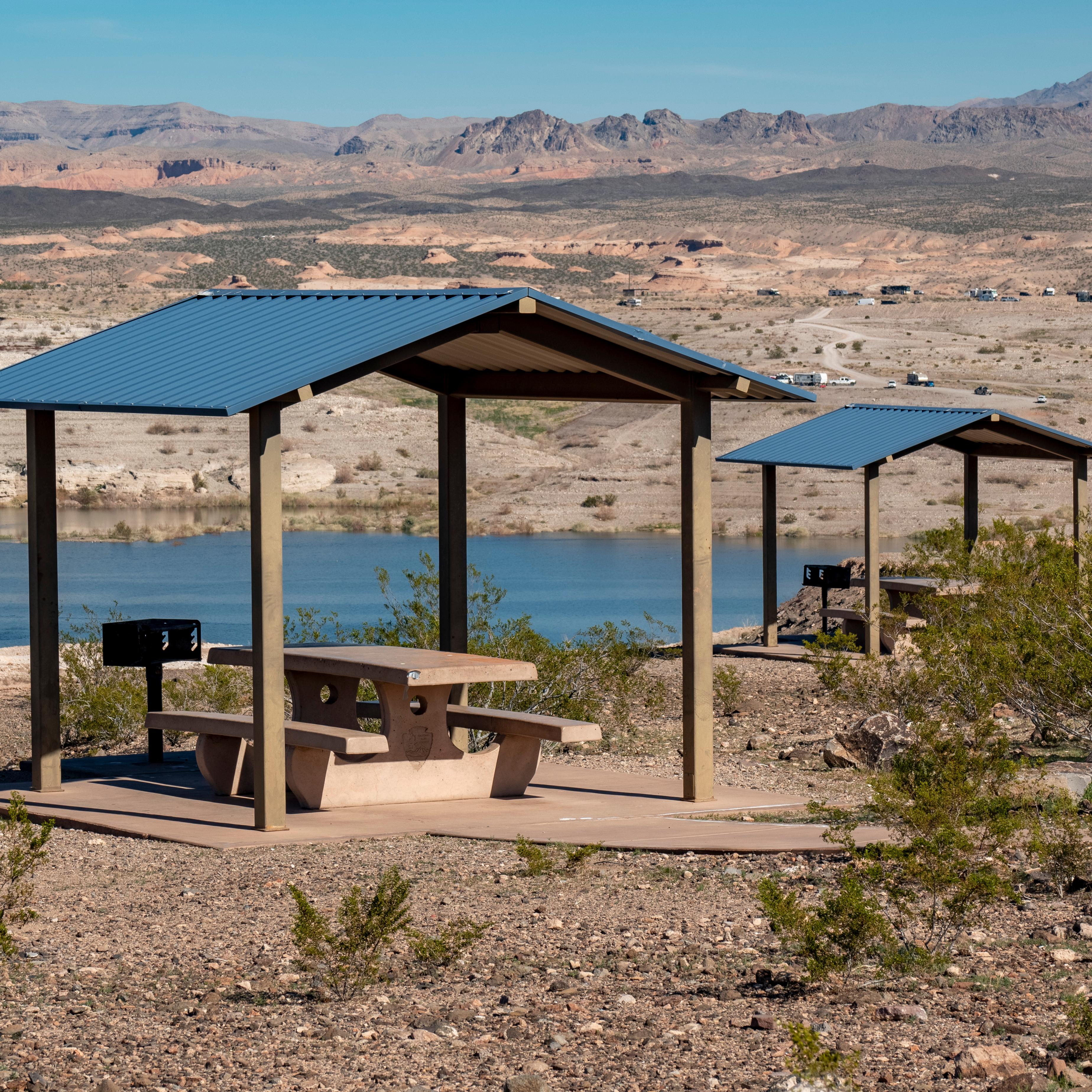 two picnic shelters