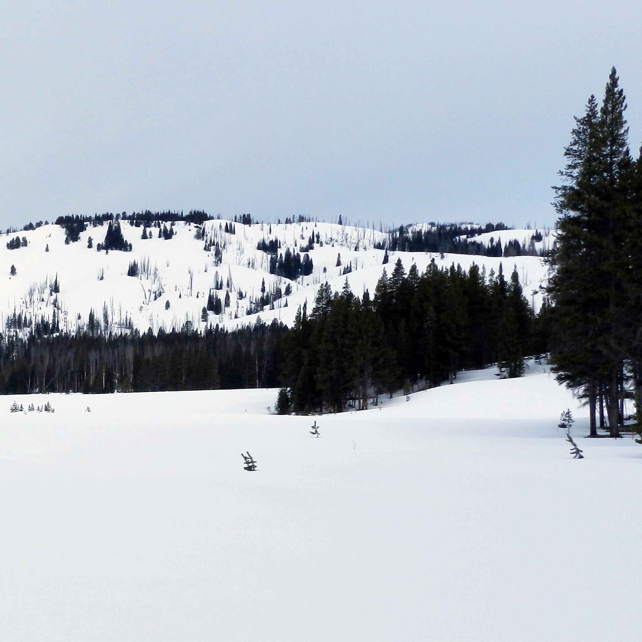 Hills suitable for backcountry skiing circle frozen and snow-covered Cascade Lake.