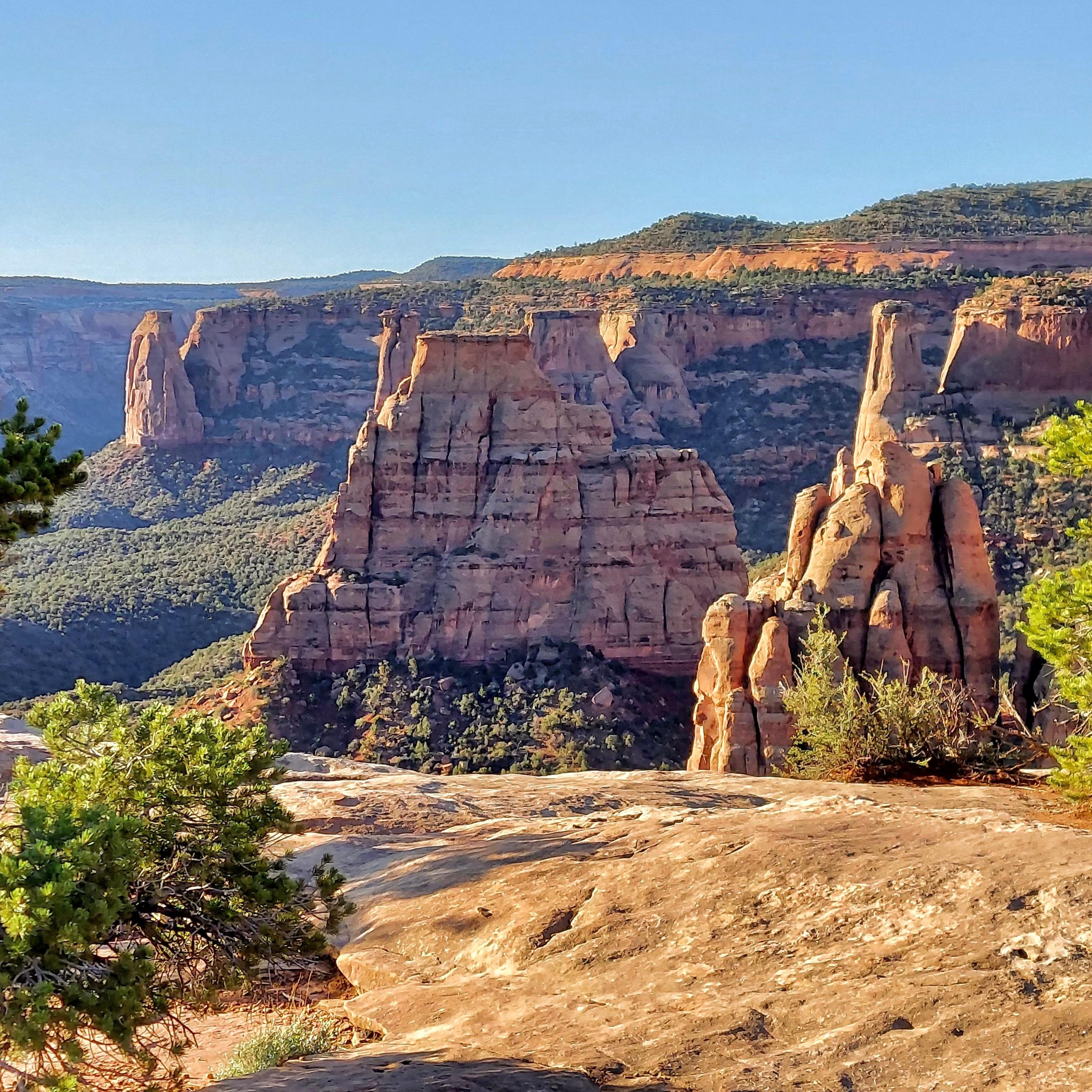 red-orange sandstone spires stand among canyons in morning sunlight