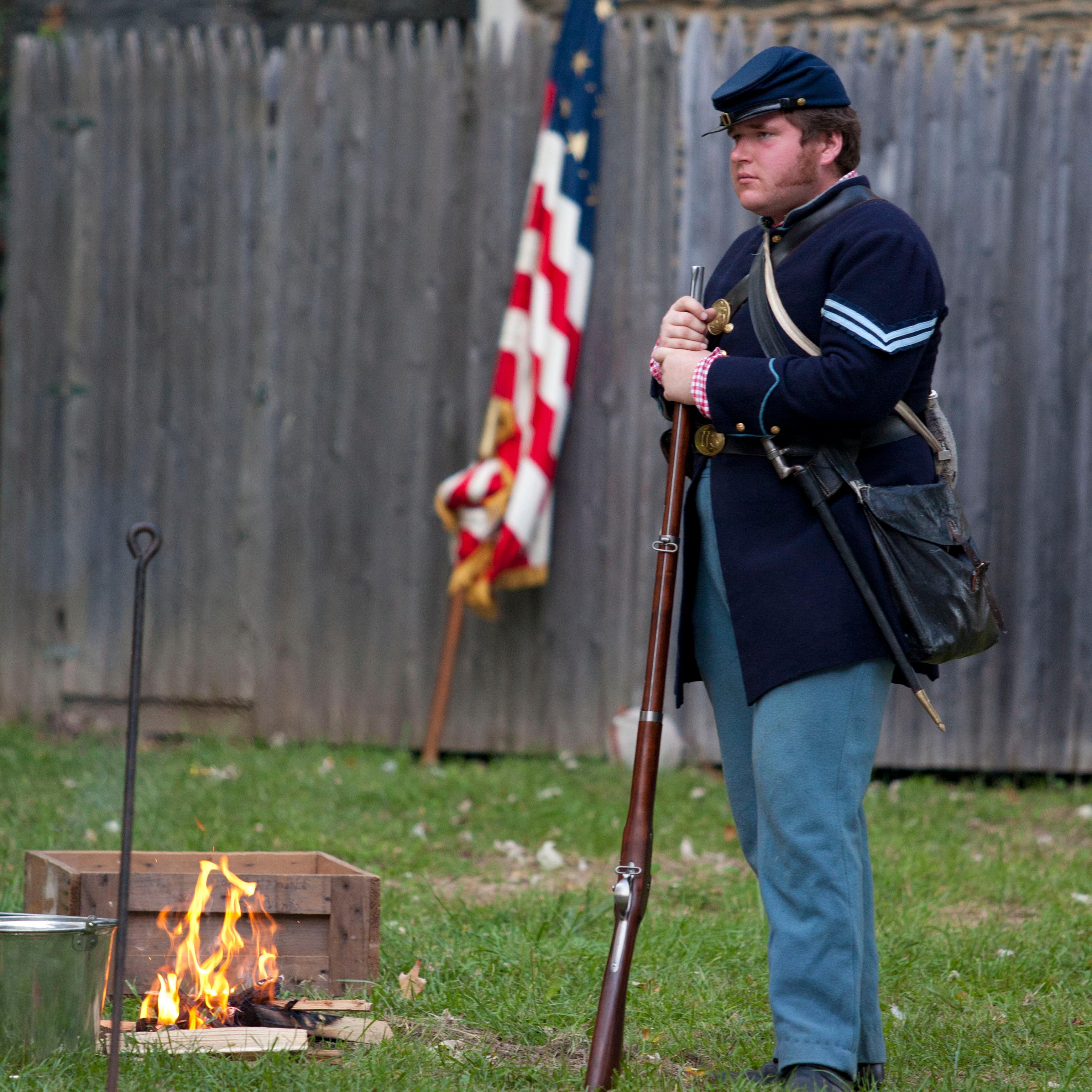 A historical reenactor in the lower town of Harpers Ferry.
