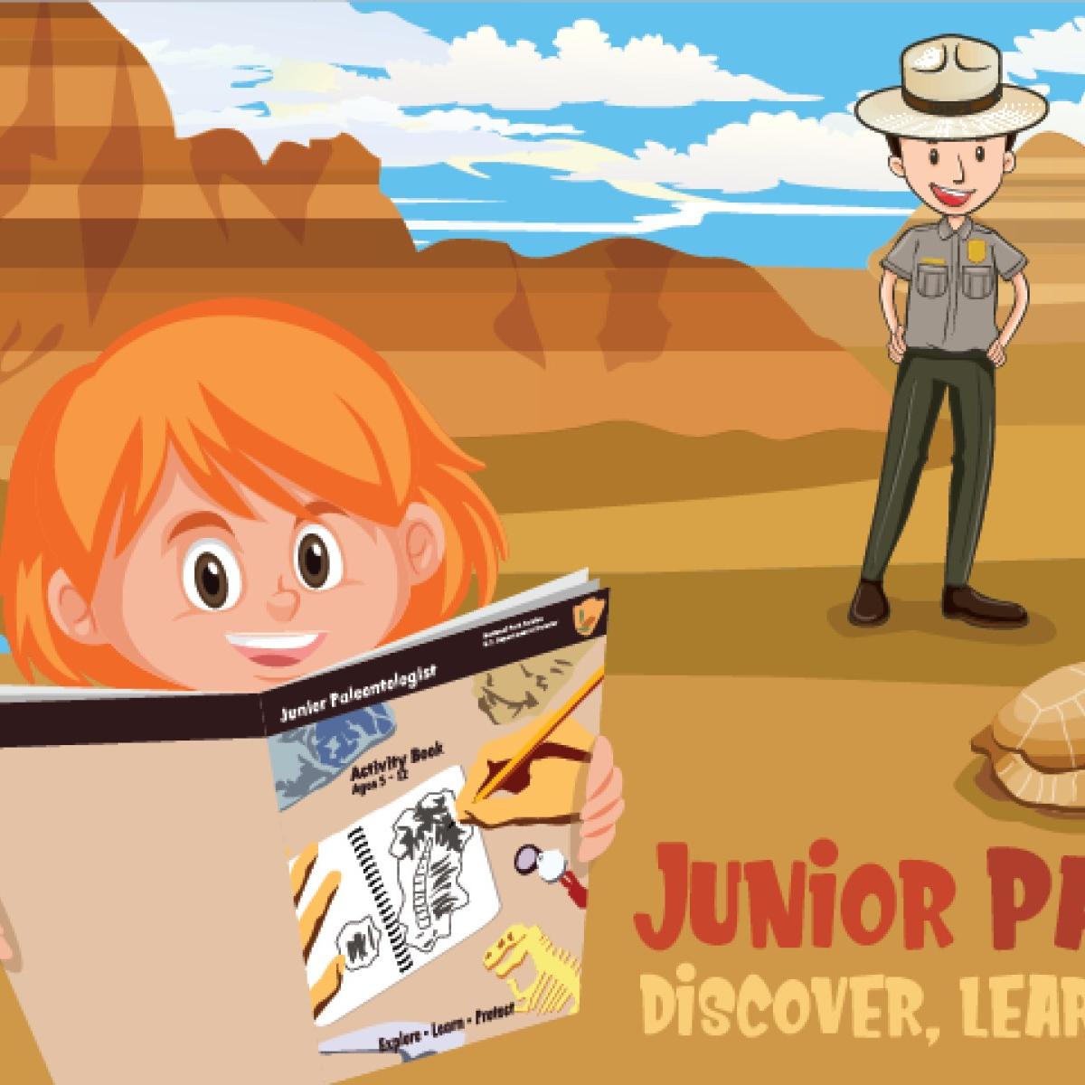 cartoon rangers and children explore a field of fossils.
