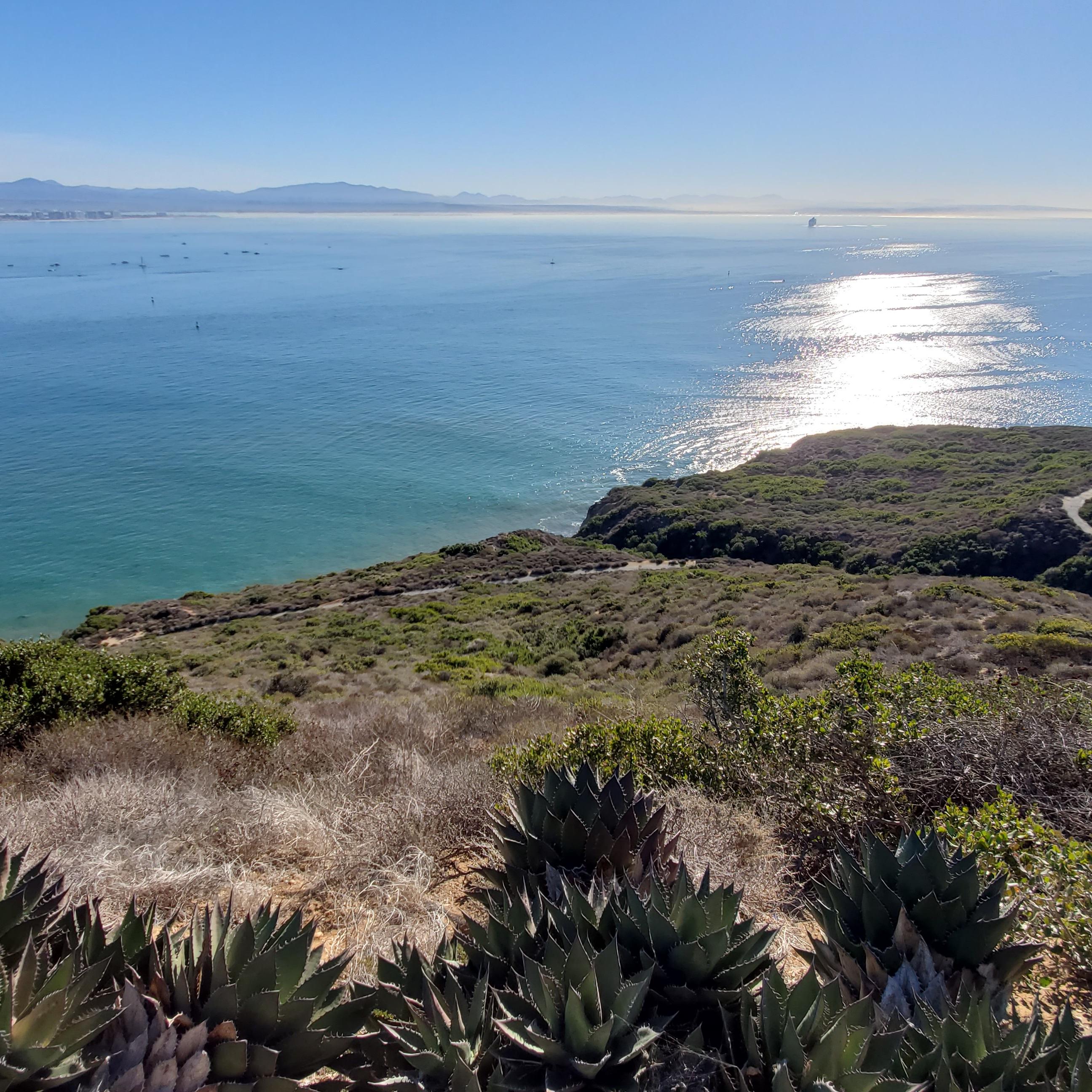 A dirt path snakes along a hillside in front of blue water.