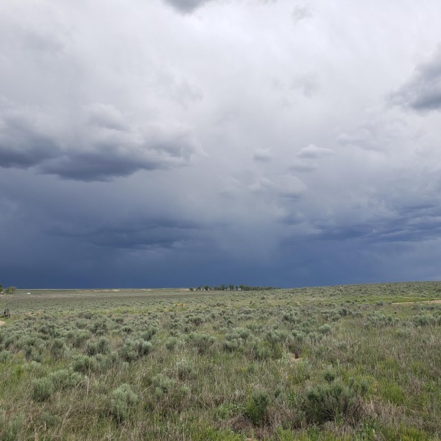 A sagebrush filled prairie under a stormy sky