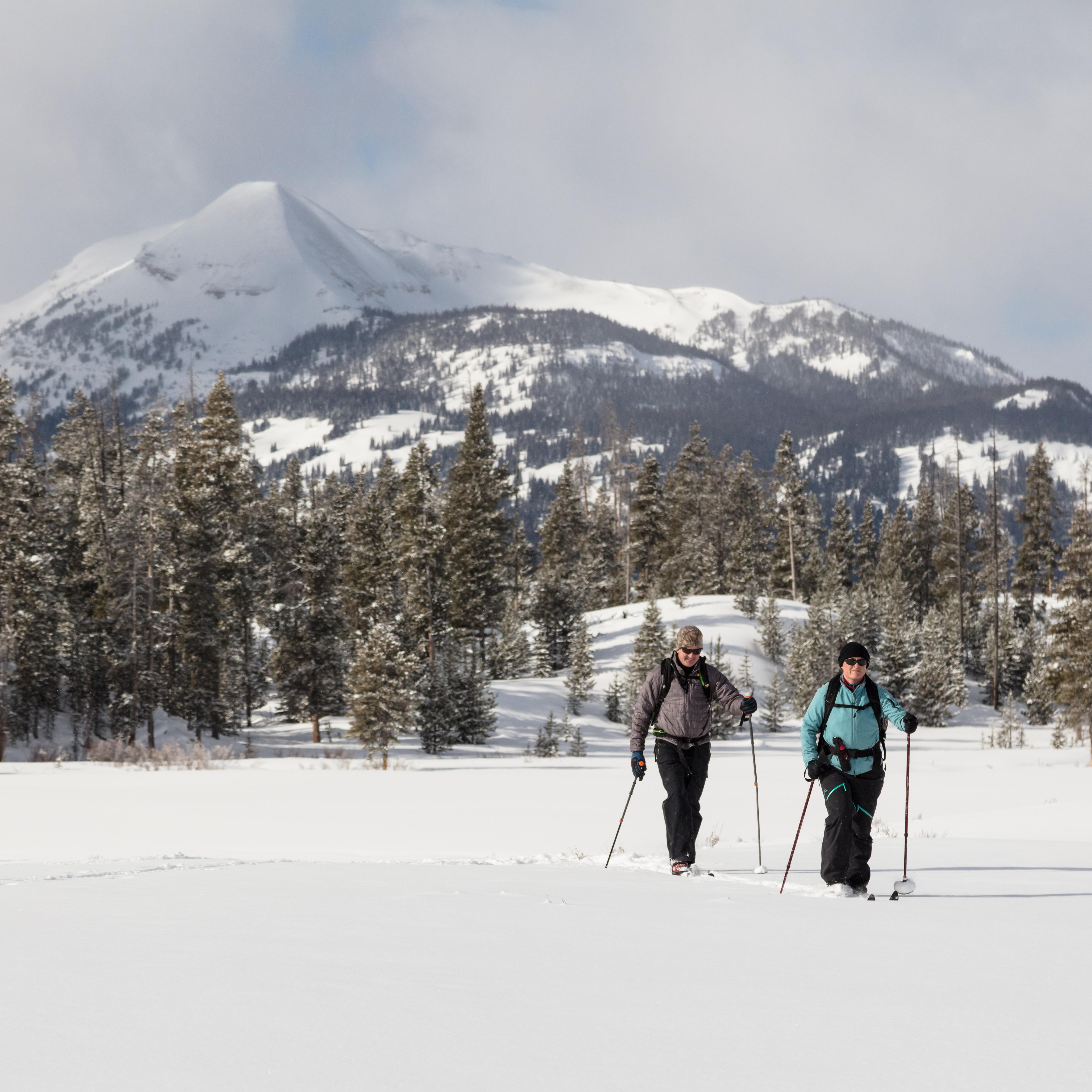 Two skiers travel across a flat meadow with mountains in the distance.