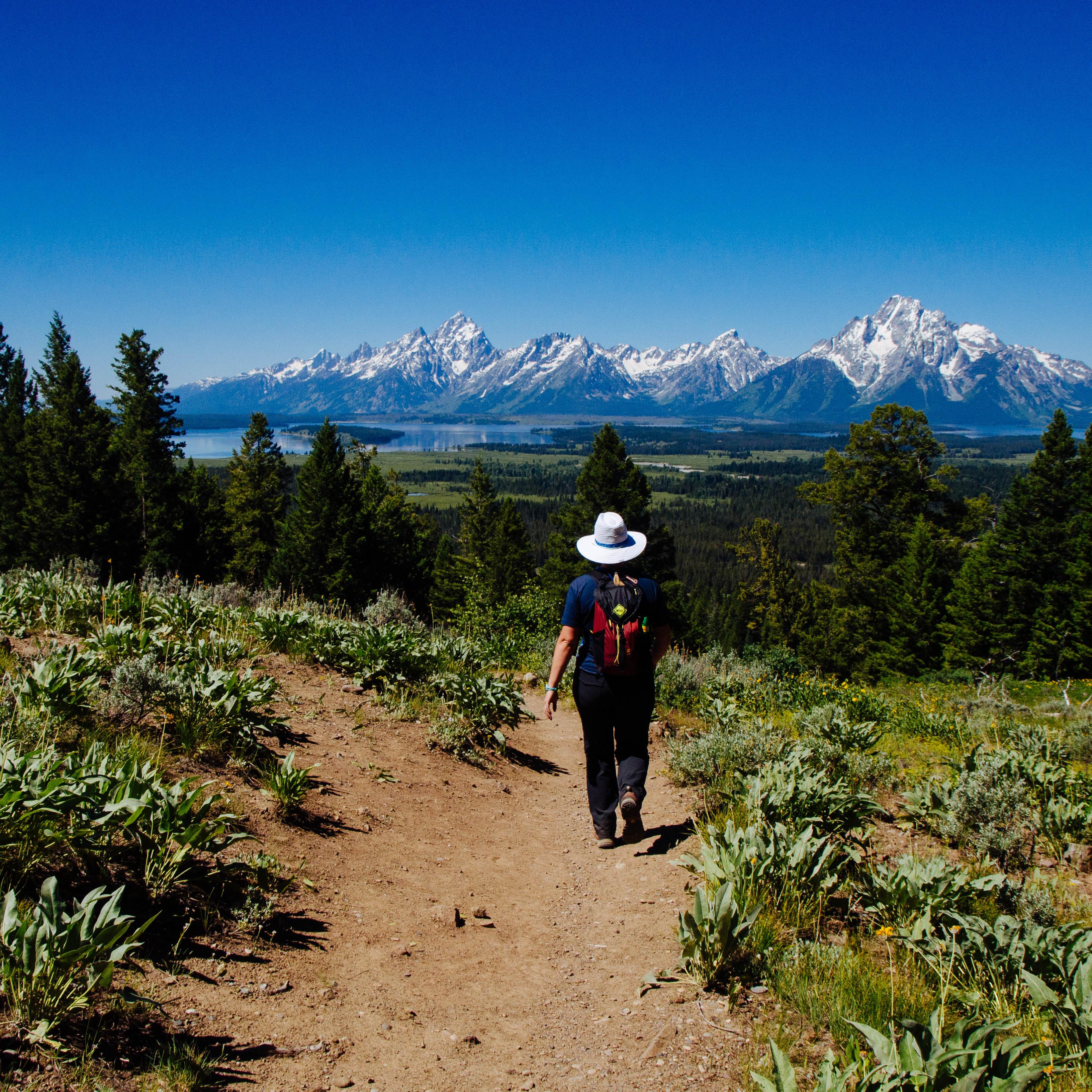 A hiker walks down a trail towards a mountain range.