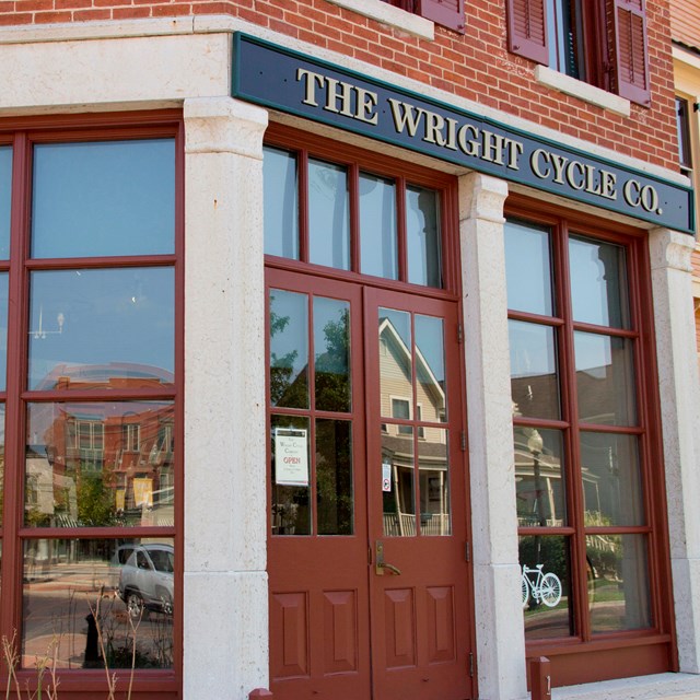 Front entrance to the Wright Brothers Bike Shop on Williams street in Dayton, Ohio