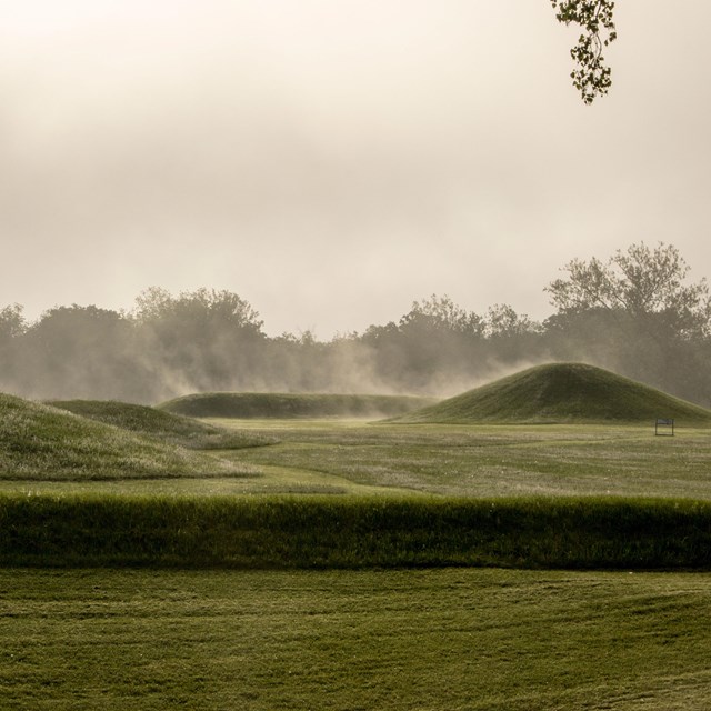 Grass-covered mounds with steam-like fog emanating from them.