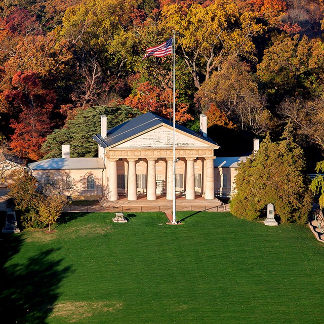 Aerial view of Arlington House in the fall.