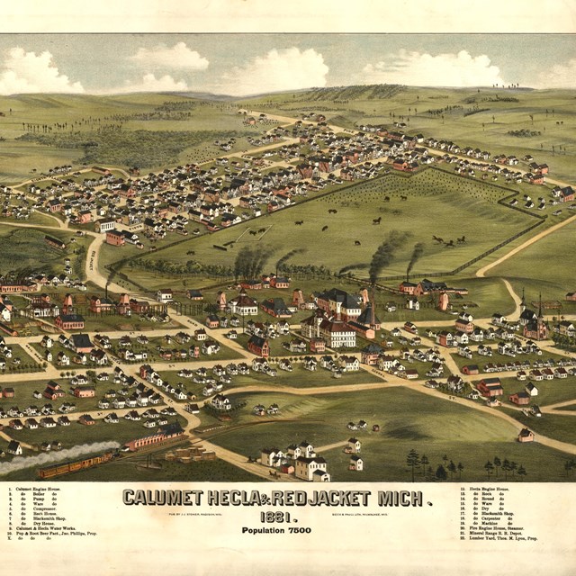 Historic, colored, illustrated map of the Village of Red Jacket and surrounding area in 1881.