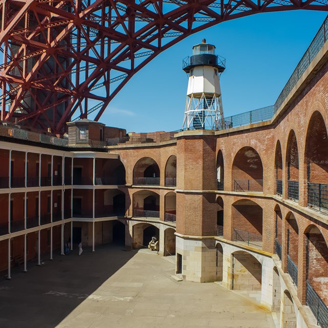 Inside view of the fort with golden gate bridge overhead