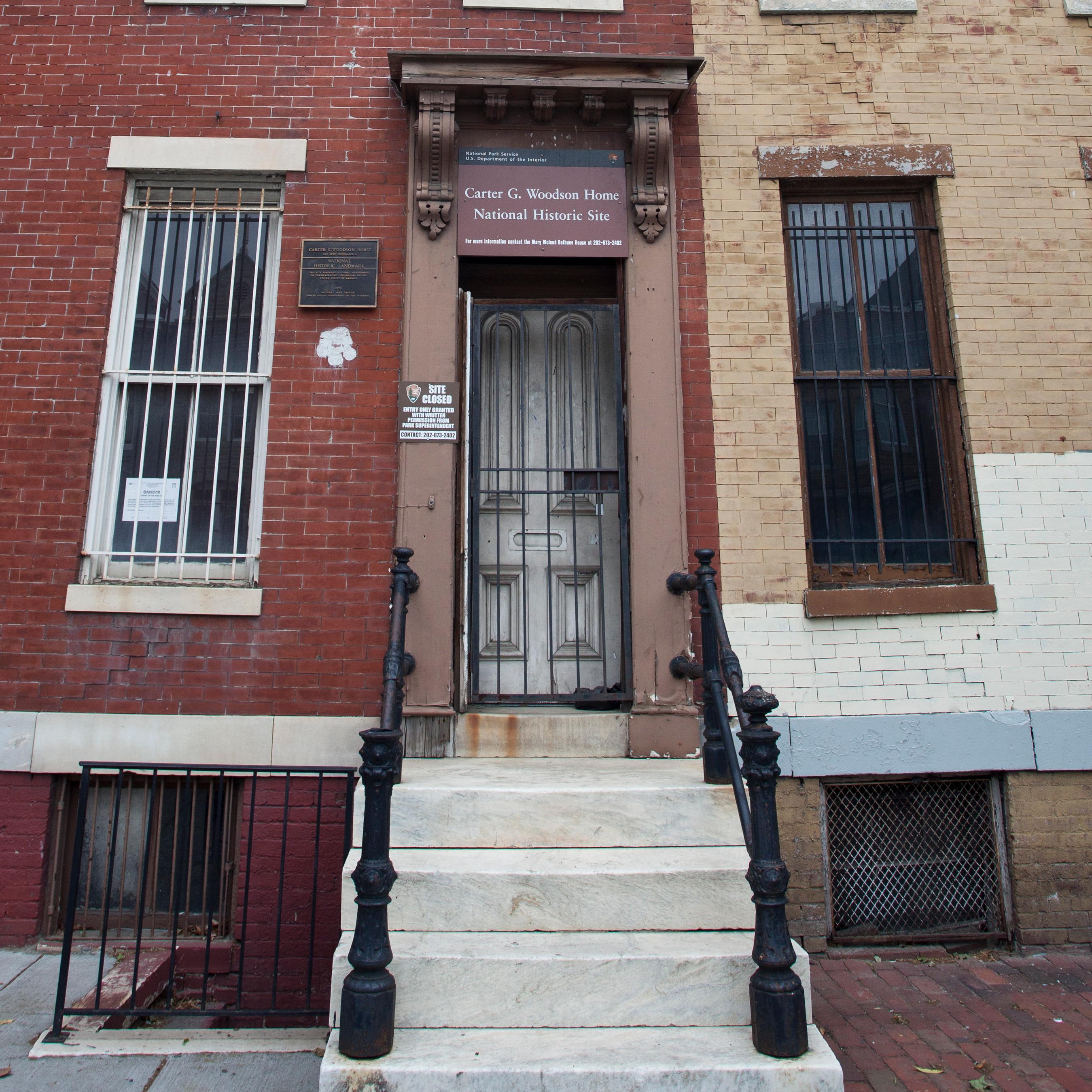 Outside the front door of the Carter G. Woodson Home.