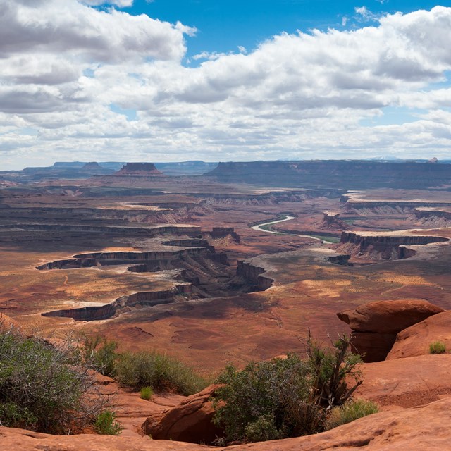 A broad view with multiple canyons and white clouds in the sky overhead