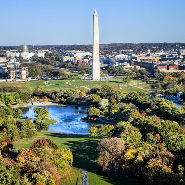 Aerial view of Constitution Gardens and the Washington Monument. 