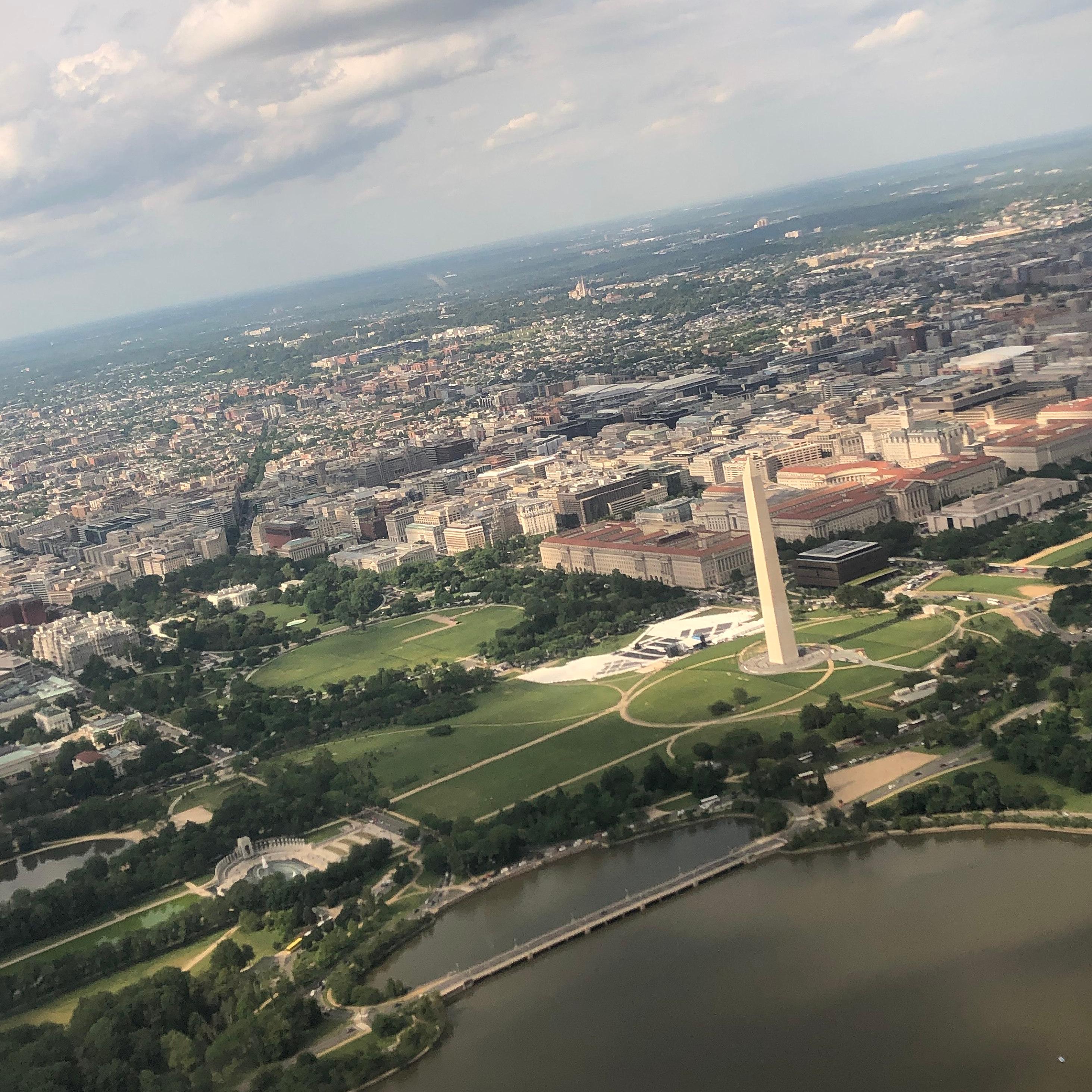 Aerial view of National Mall and Potomac river. 