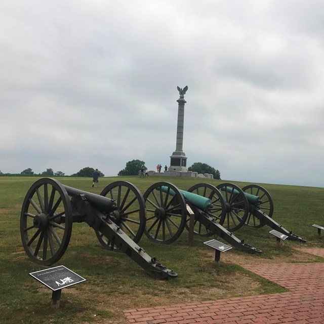 Cannon in foreground with open field and monument.