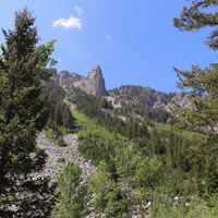 A rock pinnacle towers above at the top of a slope covered in boulders and green vegetation.