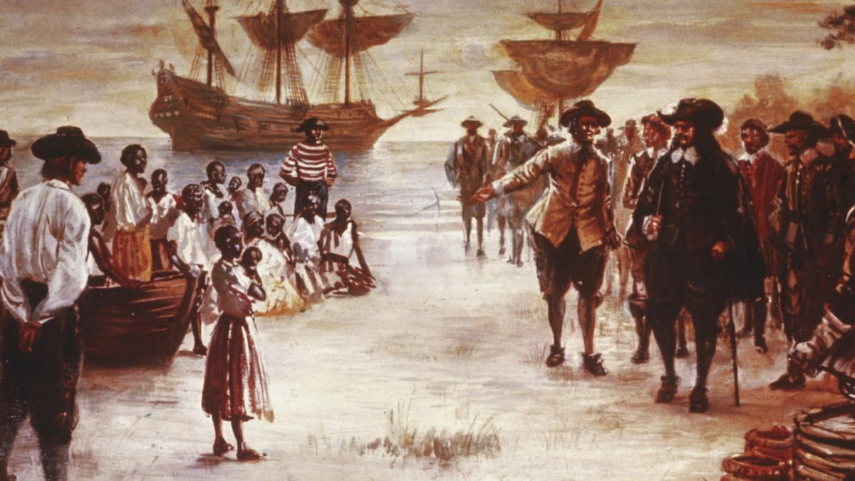 A painting of the landing of the first Africans at Old Point Comfort.