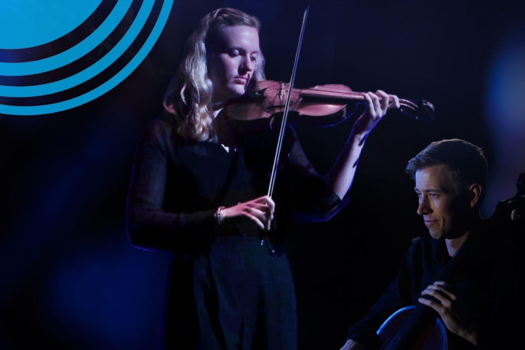 A person playing a violin and a person playing a cello, with circular blue graphic in upper left