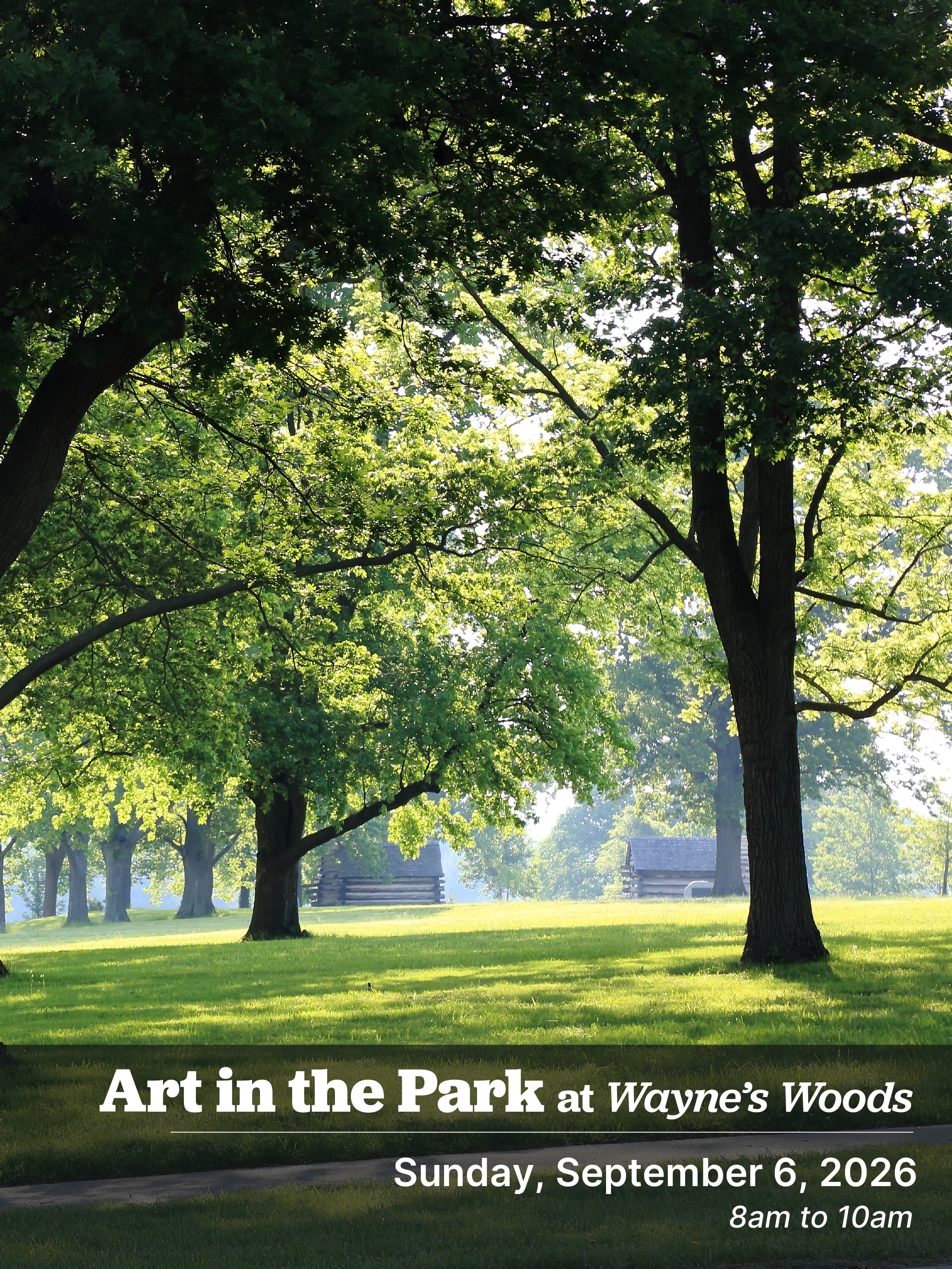 a paved path under the shade of large trees. Art in the Park at Waynes Woods