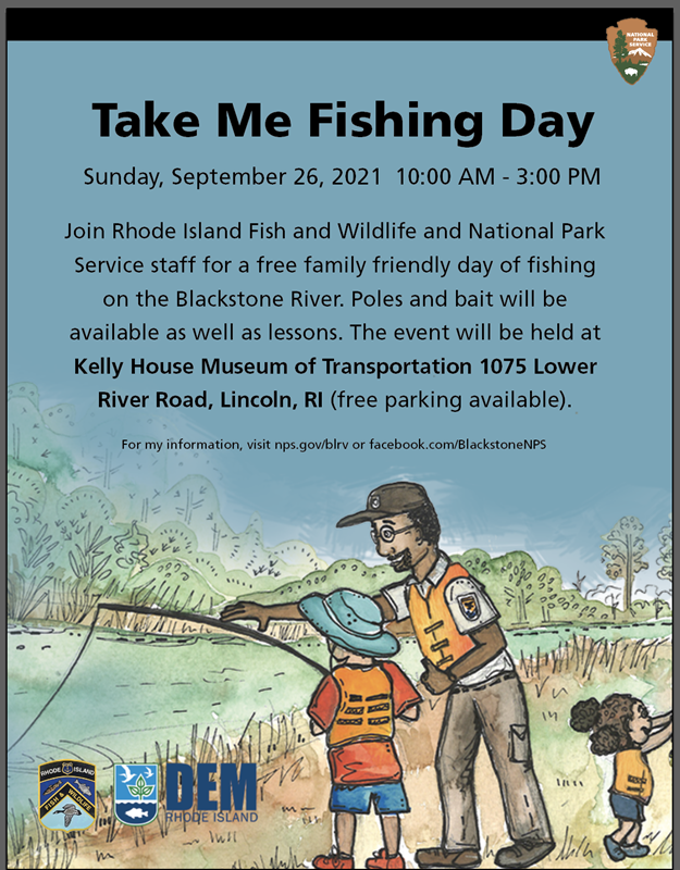 Take Me Fishing Day poster with text and drawing of Ranger and children fishing