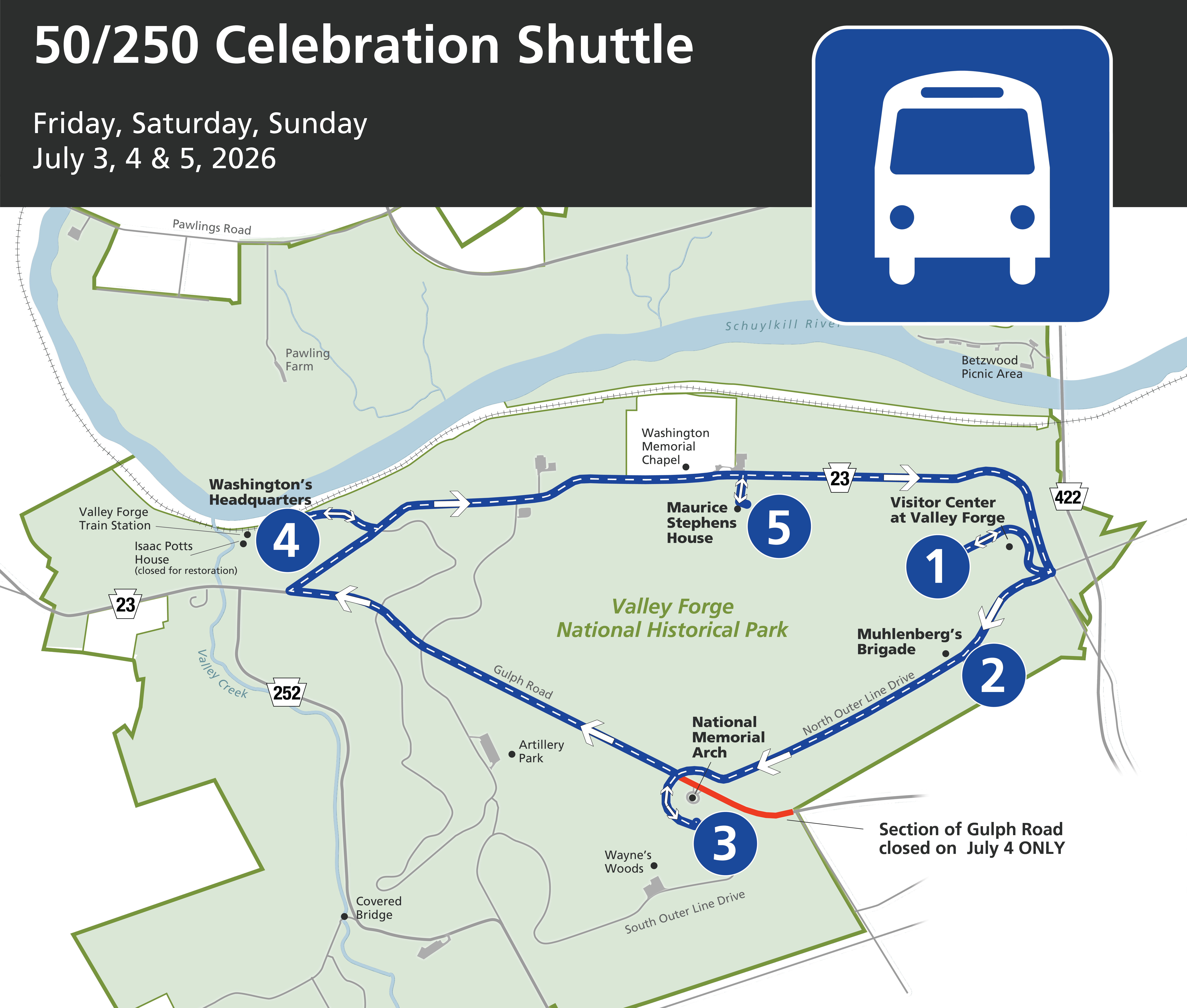 map showing 5 numbered shuttle stops and route for July 3, 4, 5 2026