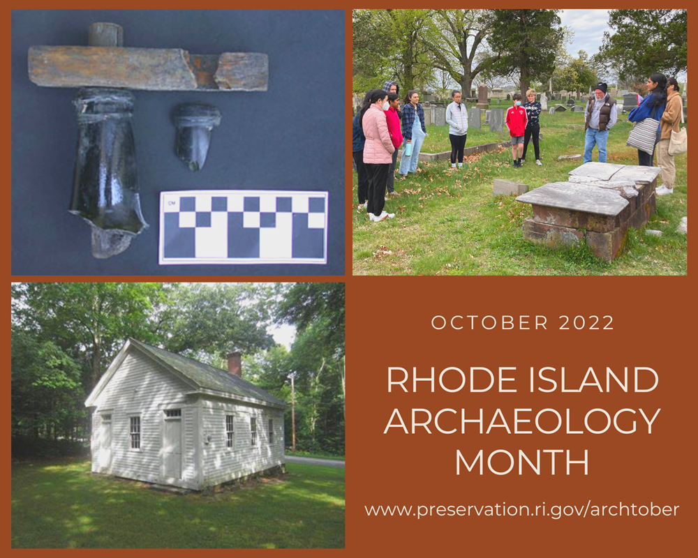 A flier with images of artifacts, a small historic house, and people visiting a historic cemetery